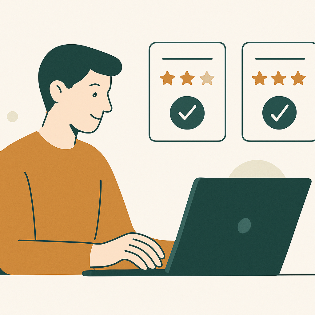 Person comparing products and provider ratings on a laptop